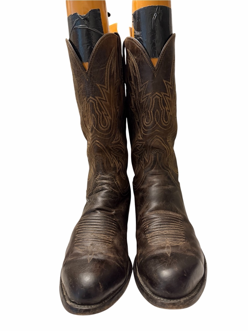 Lucchese Dark Brown Embroidered Leather Cowboy men Boots, pre-owned,SZ12